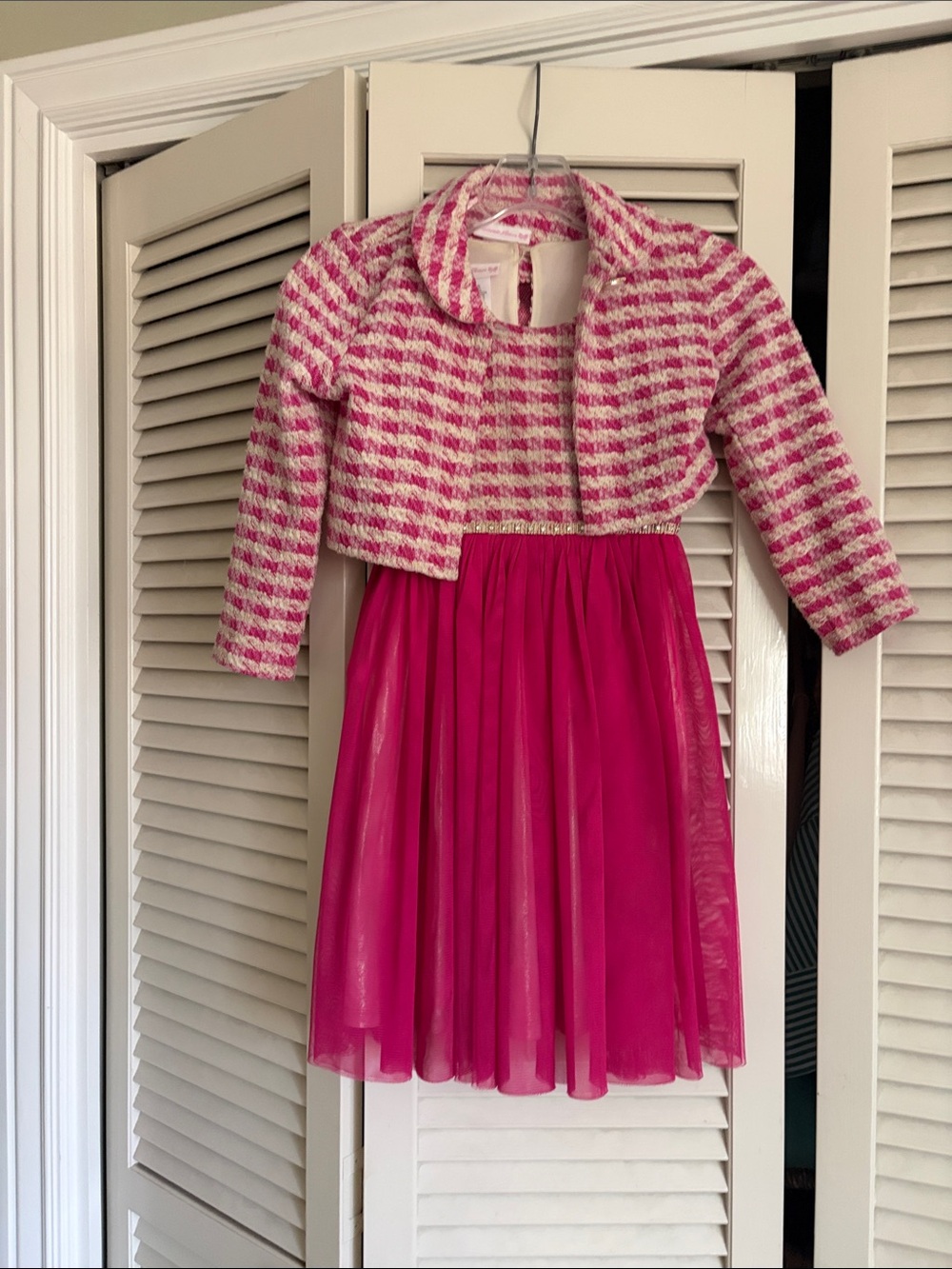 Bonnie Jean Hot Pink Tulle Dress with Pink-and-White Tweed Bolero